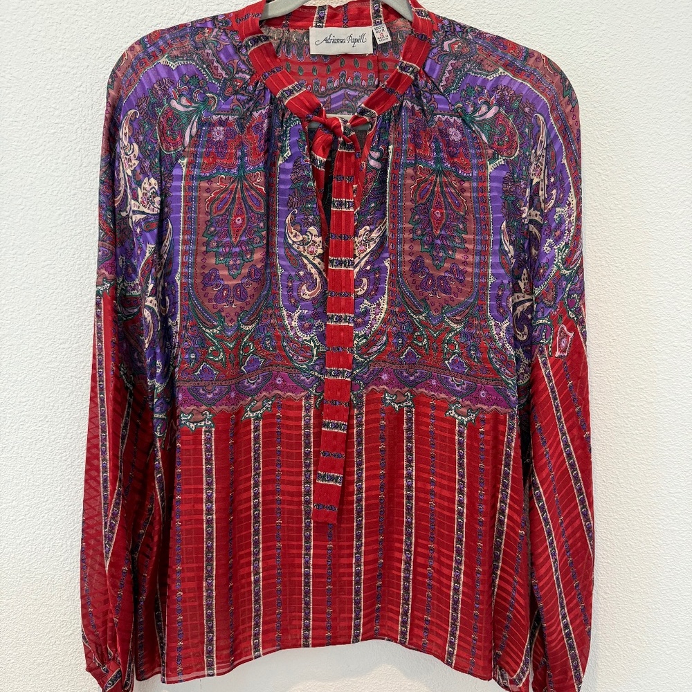 Vtg Adrianna Papell 100% Silk Long Sleeve Blouse with Tie Neck Retro 80s Sz 12/L